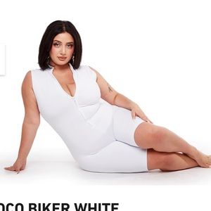 Stript White Sleeveless Coco Biker Bodycon Jumpsuit With Compression, Like New